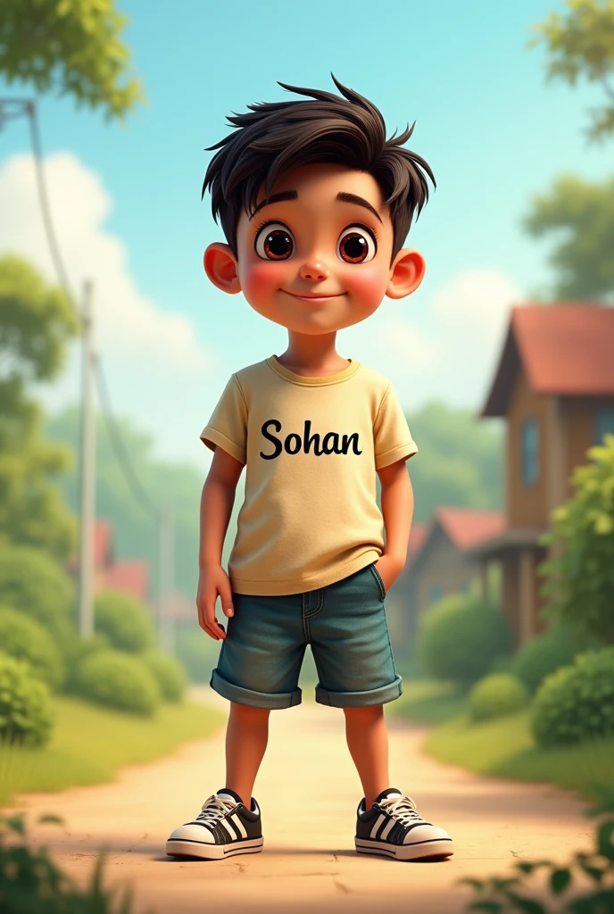 A boy standing and his name "sohan" written on his t shirt