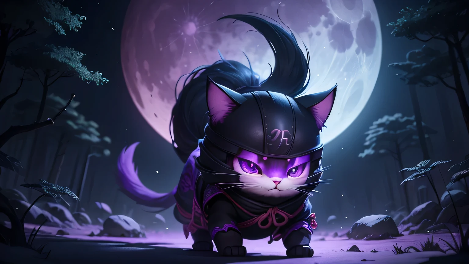 Cute ninja cat in vivid dark fantasy、Create in a clean and minimalistic cartoon style, Beautiful forest and bright purple moon in the background, Octane Rendering, 8k