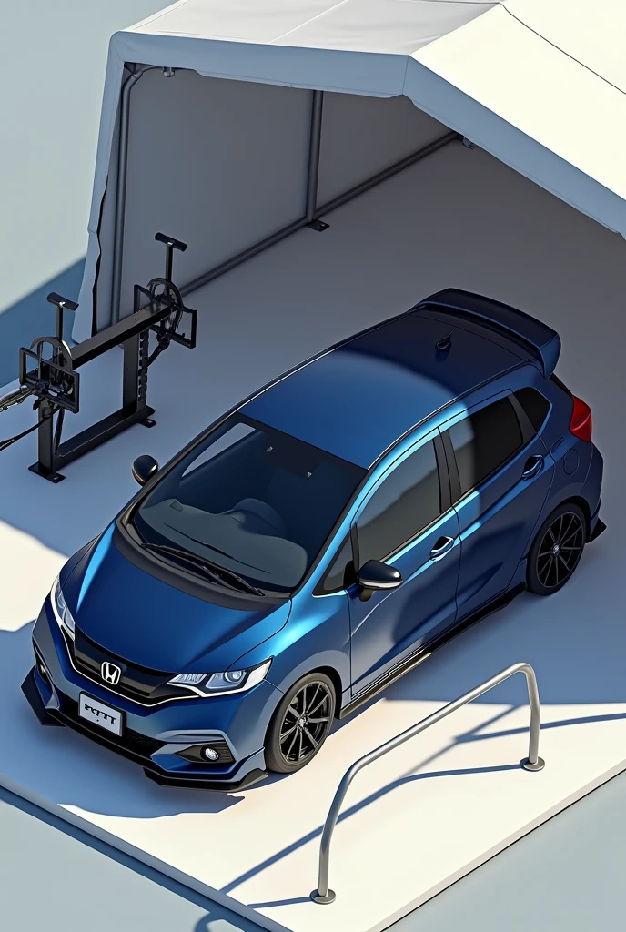 Make a picture of a dark blue 2018 Honda Fit with black lips and matching BSS rims. The car is in a marquee and this Simpson bar is next to it and everything is drawn in ISO metric.