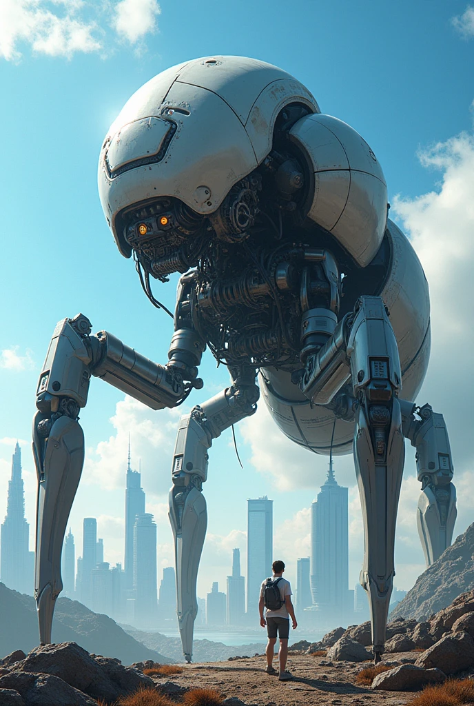 A ant robot with blue sky and biggest building modern and kil man
