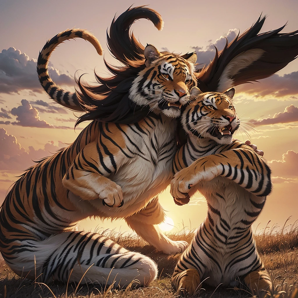 details: Two giant tigers clash with their claws and fangs. The image captures the moment when the tigers leap towards each other in mid-air. The background is a vast grassland and a sky full of fiery red clouds from the evening sun. Artistic approach.: เน้นสีสันที่คมชัด การจัดแสงที่สร้างบรรยากาศอันดุดันและน่าตื่นเต้น โดยให้detailsในขนและกล้ามเนื้อของเสือแต่ละตัวชัดเจน