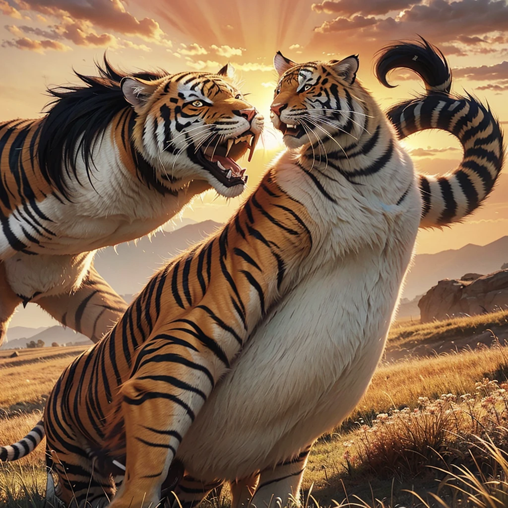 details: Two giant tigers clash with their claws and fangs. The image captures the moment when the tigers leap towards each other in mid-air. The background is a vast grassland and a sky full of fiery red clouds from the evening sun. Artistic approach.: เน้นสีสันที่คมชัด การจัดแสงที่สร้างบรรยากาศอันดุดันและน่าตื่นเต้น โดยให้detailsในขนและกล้ามเนื้อของเสือแต่ละตัวชัดเจน