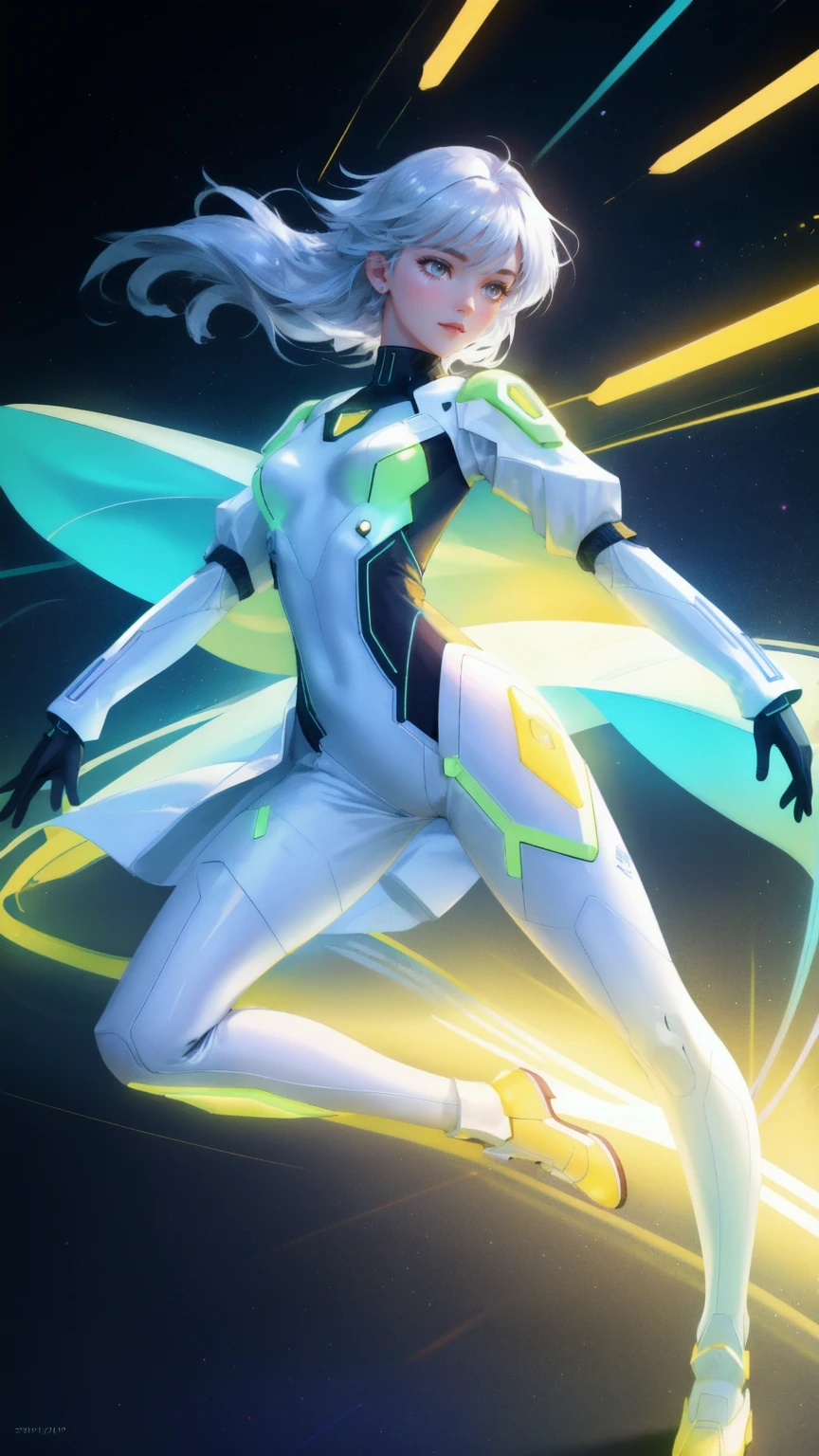 Design an image with a futuristic scene featuring a beautiful girl dressed in a high-tech suit, energetically leaping out of a sleek, glowing time machine labeled 'Early Mover Time Machine.' The background is vivid yellow, accentuated with bright neon lines and shimmering gemstones of various colors floating around. The girl appears determined and excited, embodying the spirit of being an early adopter in a rapidly evolving digital world.