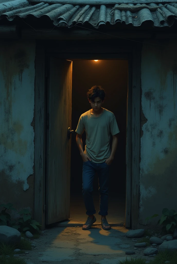 A young man, Ramu, is cautiously stepping out of his small, dimly lit house