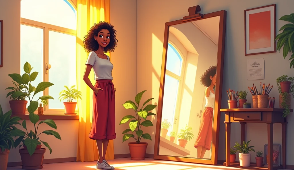 Background: Leena’s studio, now brightly lit with warm, welcoming sunlight. The mirror in the corner is clear and prominent, reflecting not just Leena but the renewed and vibrant atmosphere of the studio around her.
Style: Illustrative with a focus on brightness, clarity, and the warmth of self-acceptance. The mirror’s reflection should capture both Leena and the transformed studio, highlighting the harmony and balance she has achieved.
Leena: Standing confidently in front of the mirror, smiling warmly at her reflection. Her hair is neatly styled, and her outfit is fresh and clean, reflecting her renewed self-care. Her expression is one of contentment and peace, showing a stark contrast to her earlier unease. She appears vibrant and energized, embodying the harmony she has found.
In a comic style 