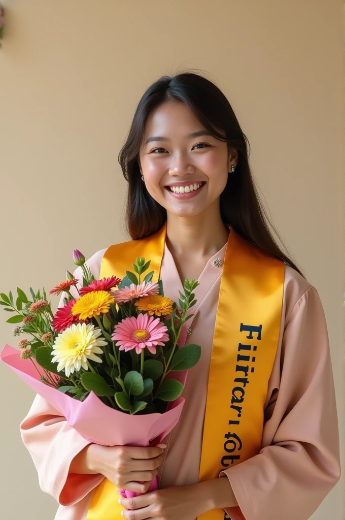 Photo of a woman graduating holding a bouquet and a sash with the name Fitri written on it, S. Come on 