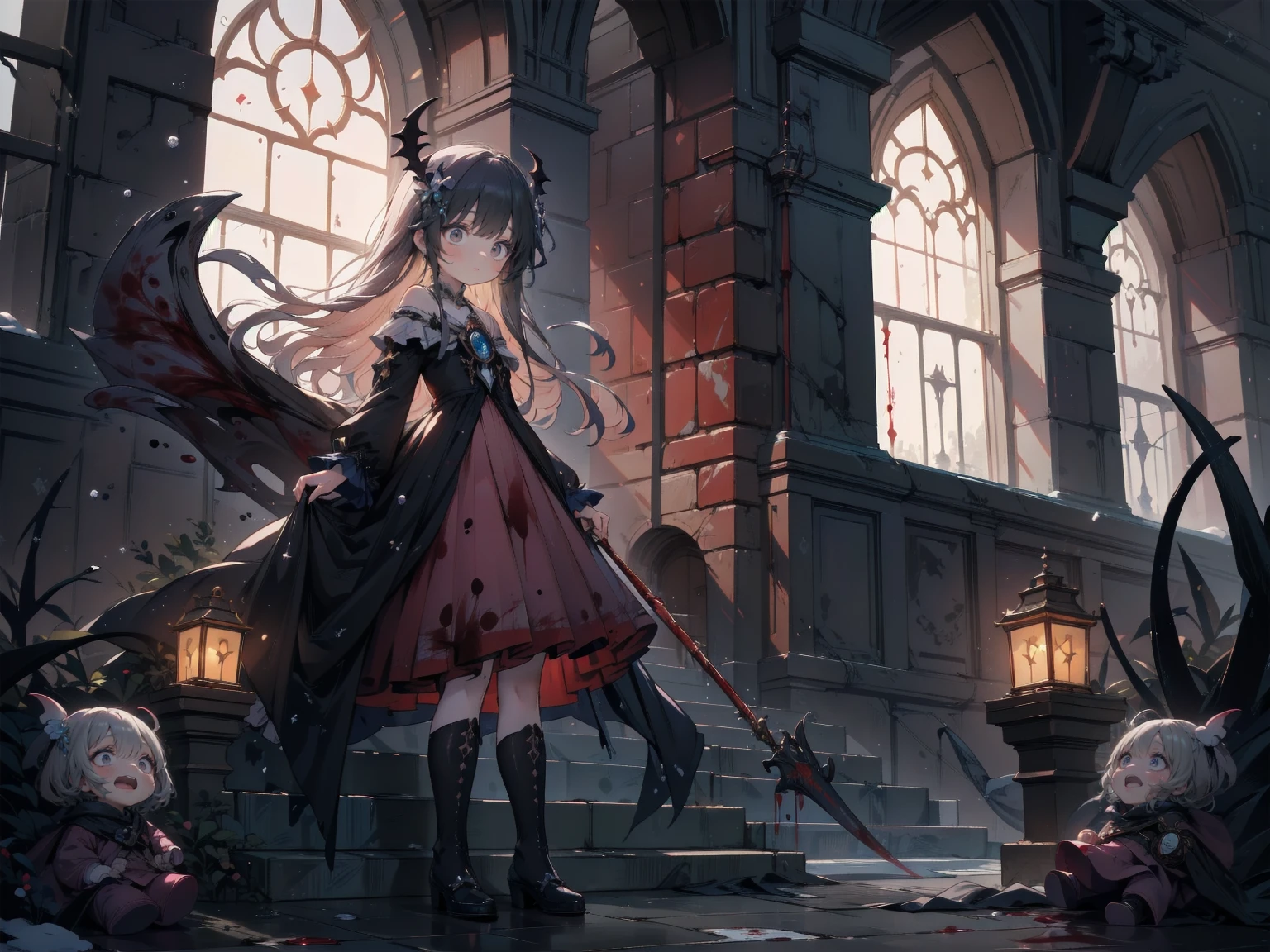 Shadowed face　、beautiful girl、とてもcute天使、Pink Gothic Fashion、cute、、smile、Long skirt、Black long boots、.(Highest quality,4K,High resolution,masterpiece:1.2),Very detailed,Realistic:1.37,Spooky altar background,Dark fantasy,Red color scheme,Ominous atmosphere,Eye-catching,Storytelling,anatomy,Anime Style,Concept Art,beautiful細部までこだわった顔と (((Red eyes ))),A terrifying ritual ,Satanic Ritual,Premature death,inappropriate behavior,クレイジーなsmile,Scythe Face,Girl Monster, beautiful, Delicate facial features, Sharp Eye, Sharp Fangs, pale Skin, Dark Background, Cinema Lighting, Dramatic Shadows, Gothic style, Gloomy atmosphere, Dark fantasy, One person&#39;S, Please open your mouth wide, Open your mouth and baring your teeth,Sharp teeth like a beast, Wide lips, very wide mouth, Vermilion cheeks, ,(Blood splatter:1.4),Scary smile, smile,Angel Design, TwiSted smile、Bloody、bleeding from the head,,,,,、Blood splatter、,(Blood splatter:1.4),skull,Magic gun,Horror Style, ((Fantasy Sweet Ta Frill Pink Costume)), ((Flowing blonde hair)), ,(Blood splatter:1.4),Female curves, Sexy flat stomach, Perfect hands, Perfect anime face, (pink tutu dress)), Are standing, ((邪悪なsmile)), ,(Blood splatter:1.4), Steam circulates, Moonlight Illumination, night lighting, (Blood splatter:1.6),アニメAngel Design, TwiSted smile、Bloody、bleeding from the head,,,,,、Blood splatter、,(Blood splatter:1.4), skull,Gothic architecture、Western architecture、Fantasy World、,Victorian cities, Skeleton Gas Light,Absurd, High resolution、 ((Tabletop)), ((Highest quality)), (Very detailedな), ((Very detailed)), (beautiful), ((cute)), (NFSW:1.8), One personで,(:1.6)、(world&#39;The most terrifying and creepy demon girl:1.5)beautiful face、Whole Body Ezbian、pale, beautiful肌、beautiful金の髪、優しくsmileむ、Dark building ruins、(snow white&#39;Frill dress:1.3)、(The dark ruins are stained with blood:1.3)、Low angle full body shot、(少女は血の海の中にAre standing:1.5)、(The ground is full of blood:1.3)、(The girl lost a lot of blood.....:1.3)、(クレイジーなsmile:1.6)、Spirits、(Blood dripping from the mouth:1.3)、
