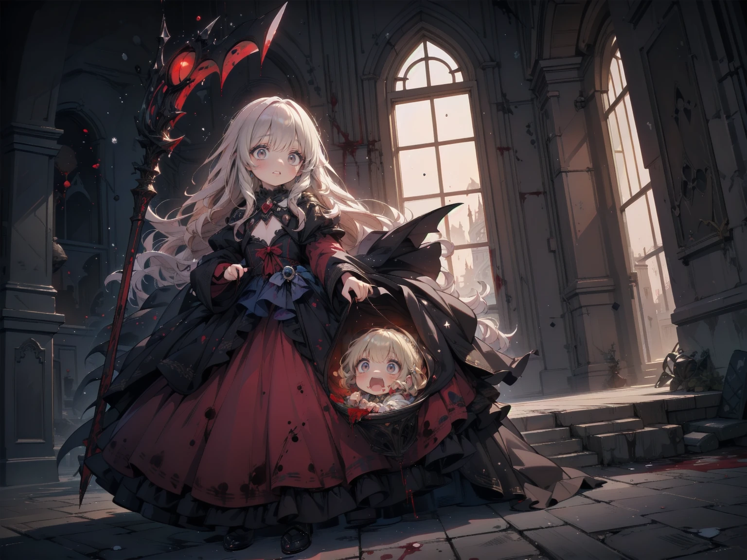 Shadowed face　、beautiful girl、とてもcute天使、Pink Gothic Fashion、cute、Baby Face、smile、Long skirt、Black long boots、.(Highest quality,4K,High resolution,masterpiece:1.2),Very detailed,Realistic:1.37,Spooky altar background,Dark fantasy,Red color scheme,Ominous atmosphere,Eye-catching,Storytelling,anatomy,Anime Style,Concept Art,beautiful細部までこだわった顔と (((Red eyes ))),A terrifying ritual ,Satanic Ritual,Premature death,inappropriate behavior,クレイジーなsmile,Scythe Face,Girl Monster, beautiful, Delicate facial features, Sharp Eye, Sharp Fangs, pale Skin, Dark Background, Cinema Lighting, Dramatic Shadows, Gothic style, Gloomy atmosphere, Dark fantasy, One person&#39;S, Please open your mouth wide, Open your mouth and baring your teeth,Sharp teeth like a beast, Wide lips, very wide mouth, Vermilion cheeks, ,(Blood splatter:1.4),Scary smile, smile,Angel Design, TwiSted smile、Bloody、bleeding from the head,,,,,、Blood splatter、,(Blood splatter:1.4),skull,Magic gun,Horror Style, ((Fantasy Sweet Ta Frill Pink Costume)), ((Flowing blonde hair)), ,(Blood splatter:1.4),Female curves, Sexy flat stomach, Perfect hands, Perfect anime face, (pink tutu dress)), Are standing, ((邪悪なsmile)), ,(Blood splatter:1.4), Steam circulates, Moonlight Illumination, night lighting, (Blood splatter:1.6),アニメAngel Design, TwiSted smile、Bloody、bleeding from the head,,,,,、Blood splatter、,(Blood splatter:1.4), skull,Gothic architecture、Western architecture、Fantasy World、,Victorian cities, Skeleton Gas Light,Absurd, High resolution、 ((Tabletop)), ((Highest quality)), (Very detailedな), ((Very detailed)), (beautiful), ((cute)), (NFSW:1.8), One personで,(:1.6)、(world&#39;The most terrifying and creepy demon girl:1.5)beautiful face、Whole Body Ezbian、pale, beautiful肌、beautiful金の髪、優しくsmileむ、Dark building ruins、(snow white&#39;Frill dress:1.3)、(The dark ruins are stained with blood:1.3)、Low angle full body shot、(少女は血の海の中にAre standing:1.5)、(The ground is full of blood:1.3)、(The girl lost a lot of blood.....:1.3)、(クレイジーなsmile:1.6)、Spirits、(Blood dripping from the mouth:1.3)、
