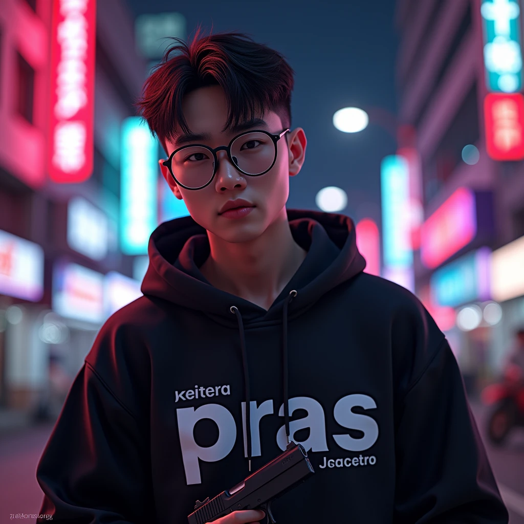 Create a character hoodie, {{background: text “GLBK”, jakarta night city}},
realistic, HDR, use glasses, handsome korean style, full body, use pistol, age 20, hoodie HD text: “PRAS”