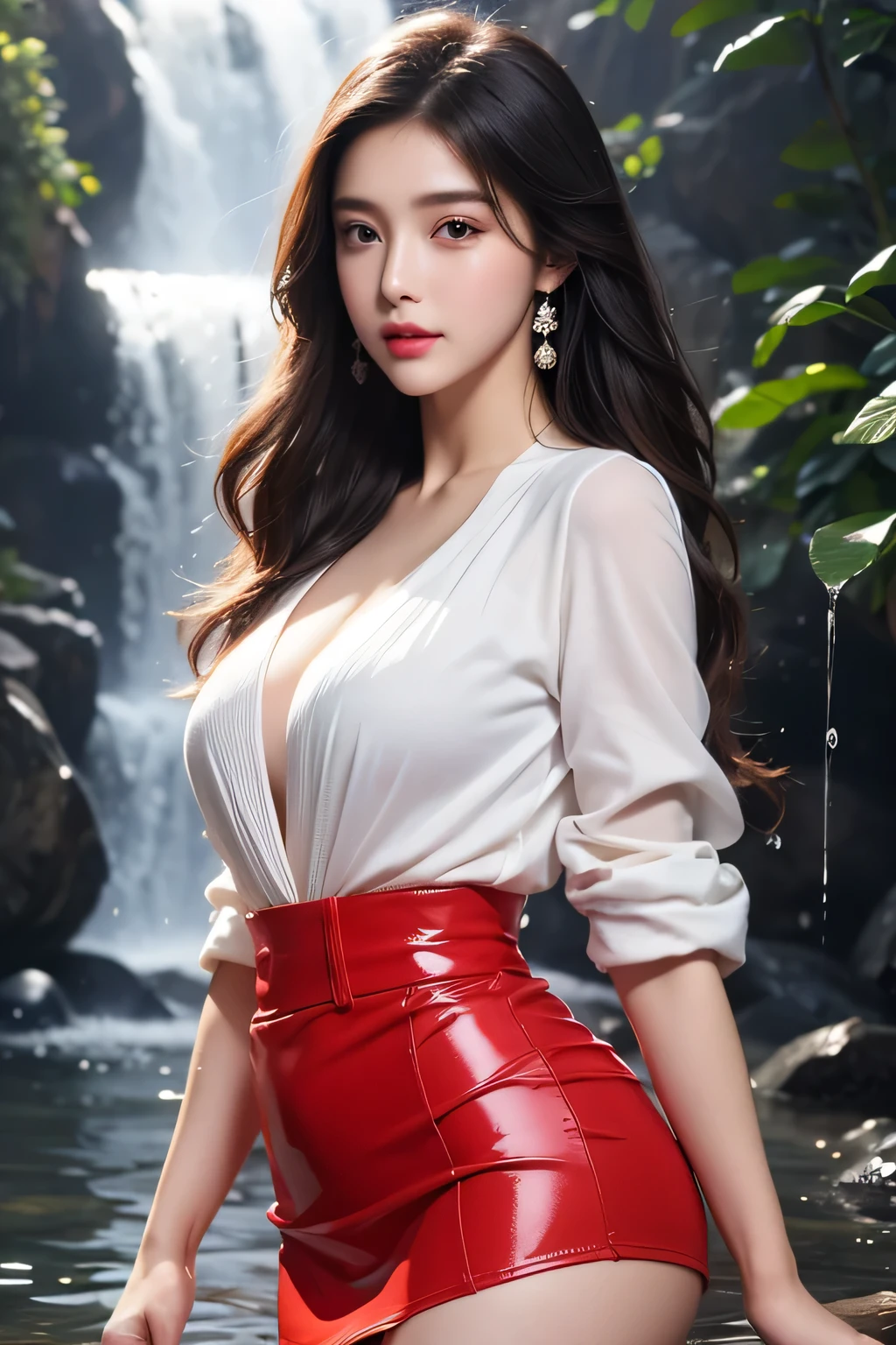 High-quality work,Realistic works,Super premium graphics,8K HD CG works,high quality graphics,High-definition and exquisite CG works,10x pixels,Ultra-fine details:1.1,Advanced technical details:1.1Realistic photo effects,Interior lighting effects:1.5,natural soft light:1.5. Light effect(Virtual light effects:1.8),ultra high resolution,shining dress,sliver long hair,silber hair,transparenthair,high detailed hair(Quality hair details:1.1)Clear eyes,Double eyelids look good,Sharp eye makeup, Create exquisite eyelash makeup, tthin eyebrows, Ultra-detailed eyes,a tall nose, lovely red lips, rosey cheeks, With delicate makeup on her face , pretty face, The face shape is perfectly proportioned,(Advanced facial details:1.1)8k, masterpiece, 1 girl, beautiful face, ((very long hair)), glossy makeup, (glossy skin:1.5), detailed eyes, detailed lips, small bust, red short jacket, wet white vest, ((red mini skirt)), ((under pants)), ((bare thigh)), straps clothing, (water falling:1.5), steam effect, water vapor, adult pose, Women's artwork,Dress full body video,Realism,Amazing Cleavage,My eyes are very bright today