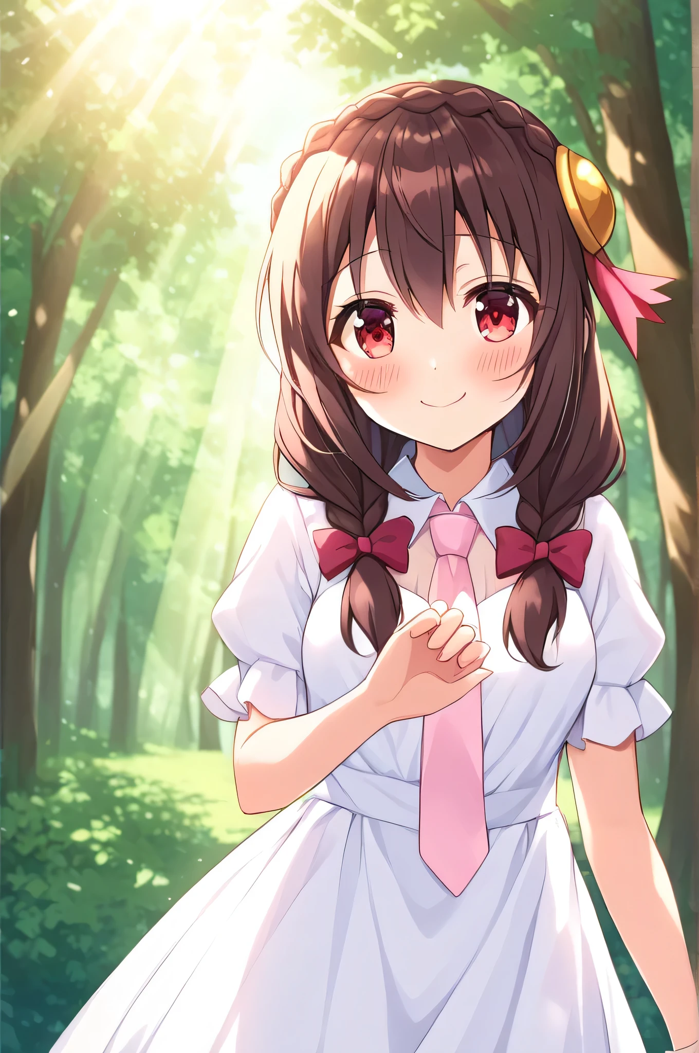 alone, One person, Yunyun, ♥、 (blush:1.5)、Crown braids of the same color as your hair、hair ornaments, Hair Ribbon, Pink tie, White dress, A big smile、Sunlight filtering through the trees、Turn around and hold out your hand