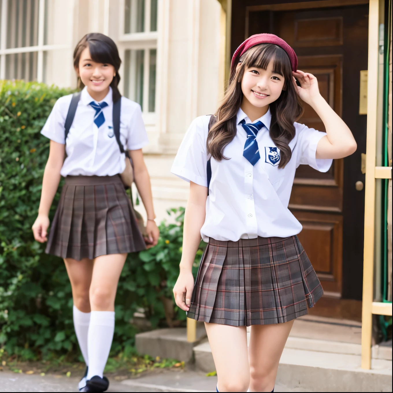 high school girl、uniform、skirt、Knee-high socks、loafers、In town、smile、Brown Bob、One person、whole body、front