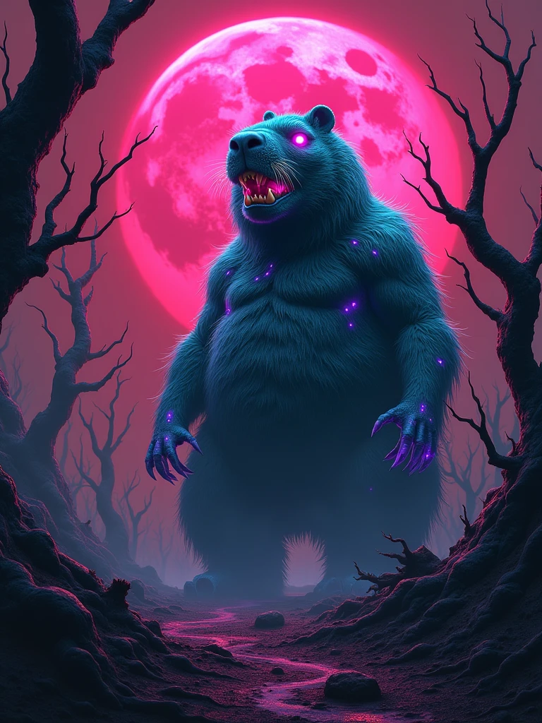 a highly detailed image of a monstrous, mutated capybara with glowing neon eyes, exaggerated fangs, and a heavily natural body. The fur is a mix of electric blues and toxic greens, with veins of bright purple energy coursing through it. The background should feature a dark, apocalyptic landscape with twisted, dead trees and a blood-red sky. The entire scene is illuminated by a neon pink moon, casting an eerie glow over the creature, giving it a grotesque yet captivating appearance. The style should be reminiscent of ((Brock Hofer’s)) vibrant and intense artwork, with a mix of horror and pop culture aesthetics.” More detail, enhanced, poakl.