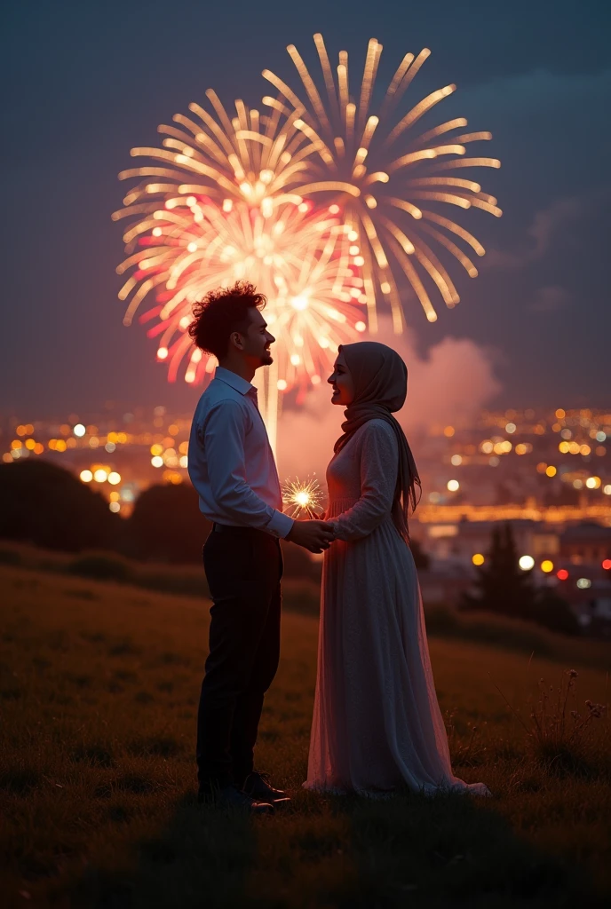 a young man shorty black messy haircut with a young hijab woman beside him, both of them wear elegantly clothes, long jeans clothes, standing with celebrate on middle field grass, natural, happiness, at night, lighting lamp, moonlight, starlight, fireworks on the sky, fireworks stick on both of hands them, real hyper realistic, real human japanese, UHD 8k, detailed photo, perfect face, detailed places, landscape, full body, photo was taken from a distance in the central city of roma italy