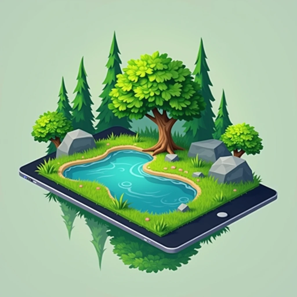 island on ipad screen, vector, 2d, flat illustration, island, tree with detail leaf, flat ipad illustration, no humans, scenery, outdoors, rock, lake, grass, bush, pond, water, day, nature, detail, no outline, (outine:-1)