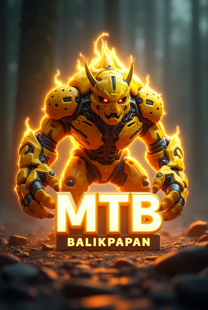 Design a vibrant 3D gaming logo: a fierce yellow bicycle monster with a captivating glow. Place “MTB” in bold white at the center, radiating intensity, and position “Balikpapan” below for a luminous touch. Convey power and excitement in a dynamic visual.