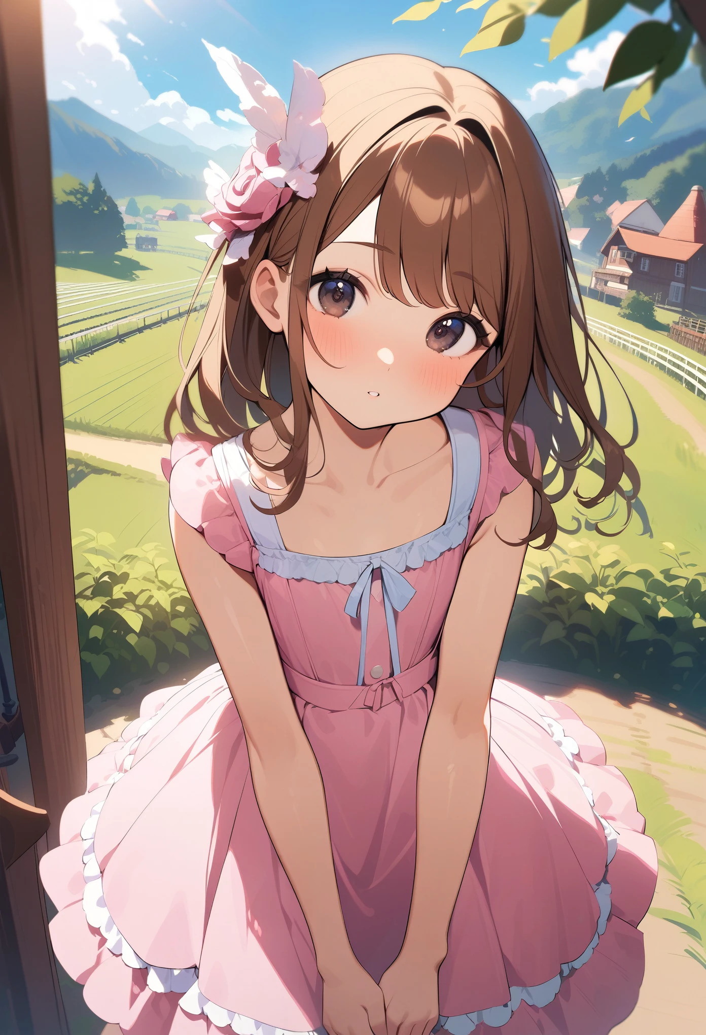 Drawn in {renaissance} style,{1girl},chaotic,creating,at close-up view,in scenery scene,adventurer profession,{black} eyes,brown bald hair,wearing pink sundress cloth,wearing fascinator,flat chest body,, masterpiece,best quality,ultra-detailed,farm,The skirt is transparent,You can see the chest