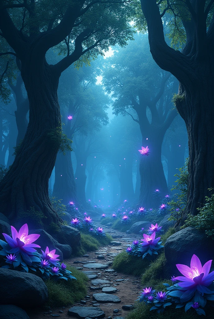 (photorealism:1.2), Mystical, dark, and magical forest. With blue fireflies floating around the place. With ancient rocks with writings from ancient languages. With giant trees and bright purple flowers.