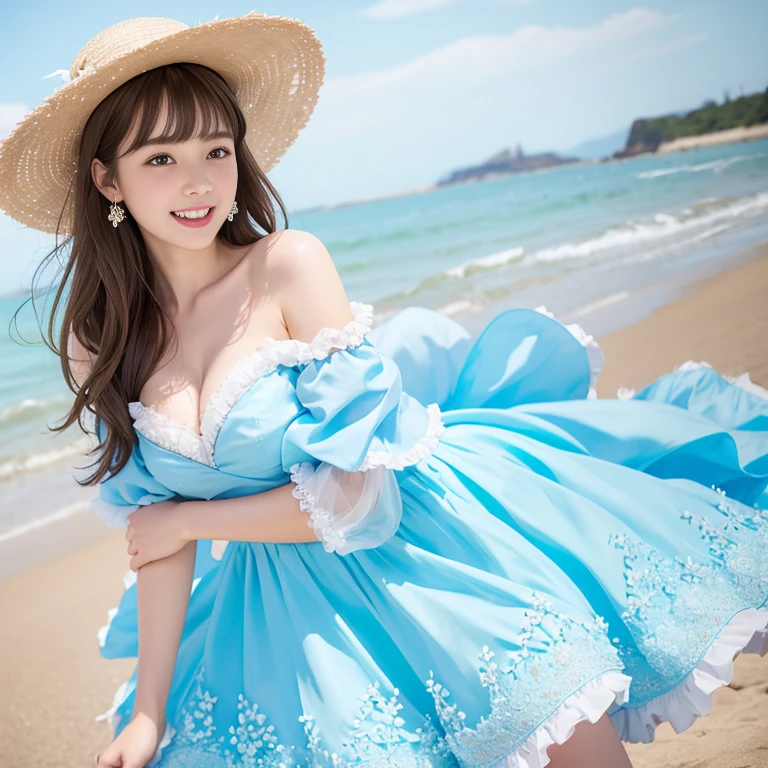 laughing out loud,(knee shot), 1 girl, light brown hair, blunt bangs, hair behind ears, Hair over the shoulders, long hair, Slender body type, Super thin face, face slimming, delicate lips, beautiful eyes, Thin blush, Eyes are light brown,Check it out here, (realistic:1.3), 8k, , Super detailed, high quality, best quality, High resolution, (Full breasts), 3, , (Gauze skirt), (tutu), wearing a light blue flower dress, Cute and elegant pose, (((Gauze puffy dress))), Gauze skirt, five layer Gauze skirt, There is petticoat inside the skirt,The dress is made of chiffon,Soft and fluffy dress, elegant, (Stand on the beach), wearing a straw hat, light blue flower dress,long skirt. hand on hat, Chiffon dress, Flowers all over the dress