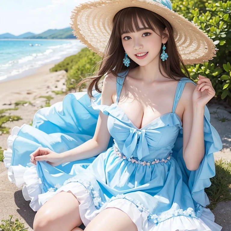 laughing out loud,(knee shot), 1 girl, light brown hair, blunt bangs, hair behind ears, Hair over the shoulders, long hair, Slender body type, Super thin face, face slimming, delicate lips, beautiful eyes, Thin blush, Eyes are light brown,Check it out here, (realistic:1.3), 8k, , Super detailed, high quality, best quality, High resolution, (Full breasts), 3, , (Gauze skirt), (tutu), wearing a light blue flower dress, Cute and elegant pose, (((Gauze puffy dress))), Gauze skirt, five layer Gauze skirt, There is petticoat inside the skirt,The dress is made of chiffon,Soft and fluffy dress, elegant, (Stand on the beach), wearing a straw hat, light blue flower dress,long skirt. hand on hat, Chiffon dress, Flowers all over the dress