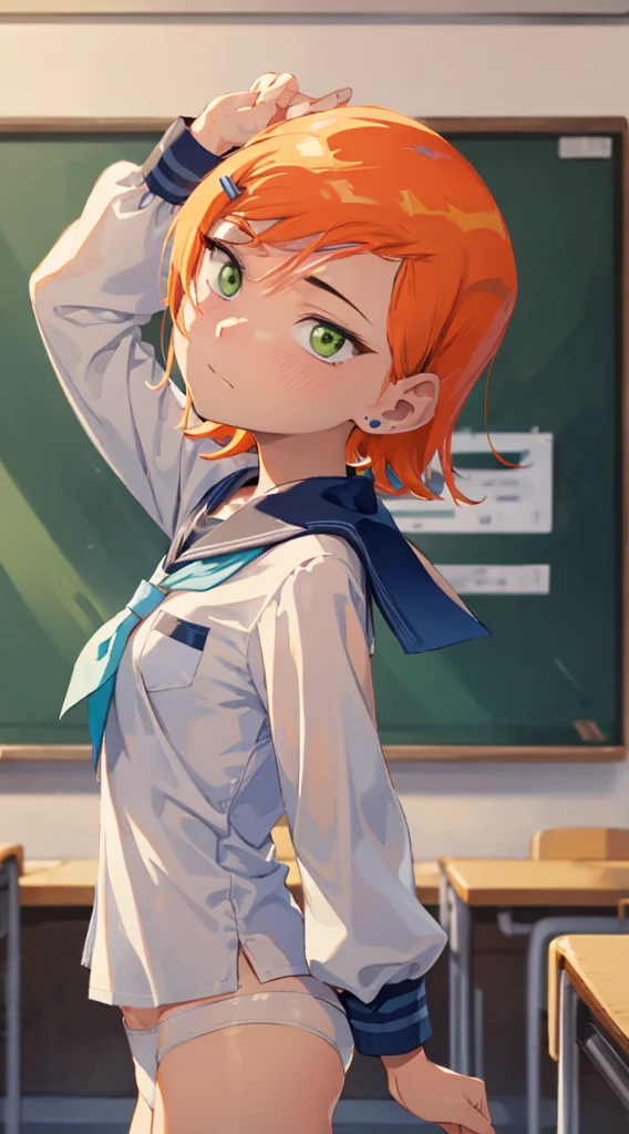 nsfw,alone, (One girl), Elementary school girl,, ((White panties)), (wearing only the top half of sailor school uniform), Sailor with un-folded hems, sexy, (Cowboy Shot), (arms behind back), classroom, With a girl:hair is black and short, Her face is round and cute, Black Hair, Low twin tails, (Are standing),(Shy, Embarrassing),from the front,pussy juice,
