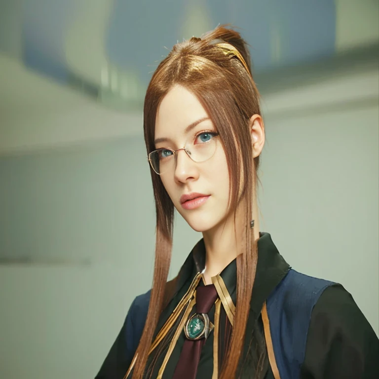 There is a woman with glasses, blue eyes and tie standing in a room, Portrait of Tifa Lockhart, female character, yaoi kasuma, Deayami Kojima, final fantasy vii, Portrait of Tifa Lockhart, CG game, also, final fantasy, female anime character, Close-up of character, personaje final fantasy, kda, as a tekken character
