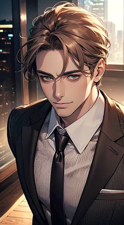 (Highest quality,4K,8K,High resolution,masterpiece:1.2),Super detailed,(Realistic,photoRealistic,photo-Realistic:1.37),1 personld,Mature Men,Beautiful skin、very handsome,Expressionless smile in love,Short gray brown hair,green eyes,Sharp Eyes,A perfect face without a doubt,Businessman, CEO, Office Background,Cinema Lighting,HDR image,tie、