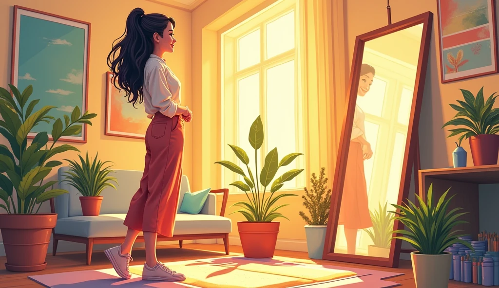 Background: Leena’s studio, now brightly lit with warm, welcoming sunlight. The mirror in the corner is clear and prominent, reflecting not just Leena but the renewed and vibrant atmosphere of the studio around her.
Style: Illustrative with a focus on brightness, clarity, and the warmth of self-acceptance. The mirror’s reflection should capture both Leena and the transformed studio, highlighting the harmony and balance she has achieved.
Leena: Standing confidently in front of the mirror, smiling warmly at her reflection. Her hair is neatly styled, and her outfit is fresh and clean, reflecting her renewed self-care. Her expression is one of contentment and peace, showing a stark contrast to her earlier unease. She appears vibrant and energized, embodying the harmony she has found.
In a comic style