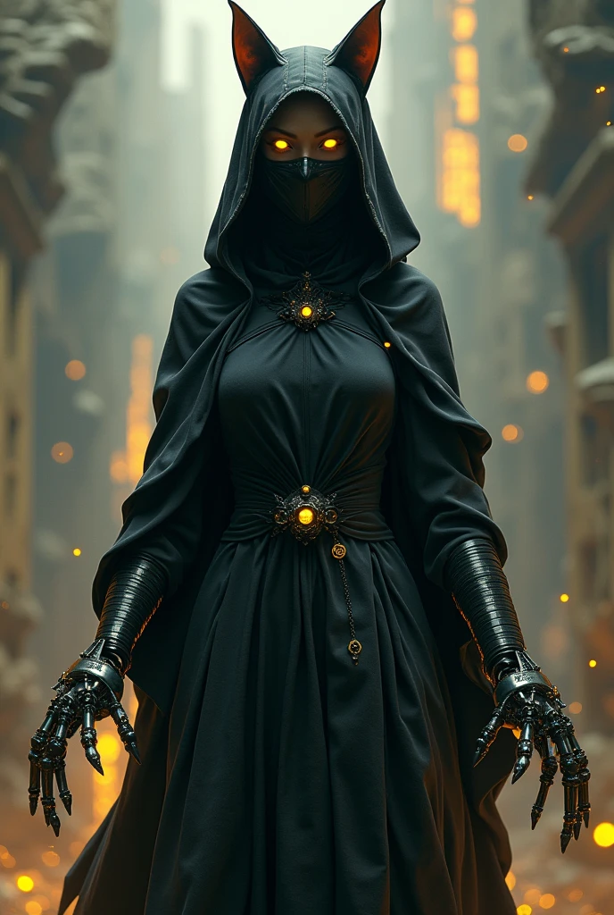 (photorealism:2.2)A 398cm tall woman who wears a black hoodie and always wears a black mask is the queen who rules over the lazy layer of hell and is the first thing created by the First Creator and is stronger than the Strong Creator than the demons and gods, have two black mechanical arms that have cat ears instead of human ears and have an Imp tail made from machines and two arms and tail that emit yellow light due to plasma, gamma energy and but Photons flow through humans