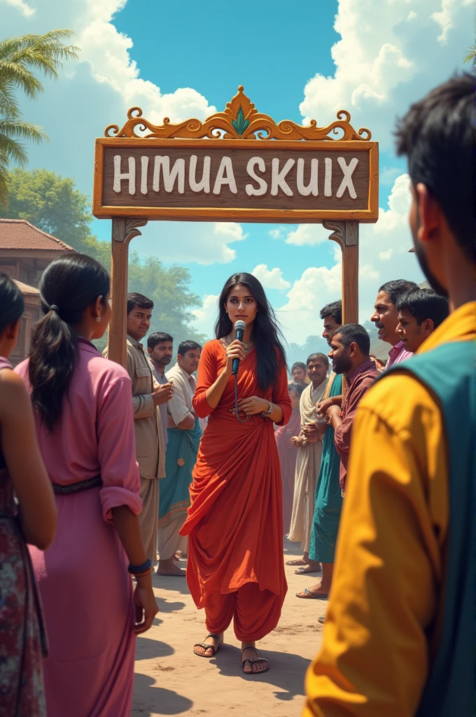 A north India village scene where people are gathering on a raised platform called chabutra. A female journalist is standing with them having microphone in her hand. There is a board on which the name of village is written. The scene is during elections time.