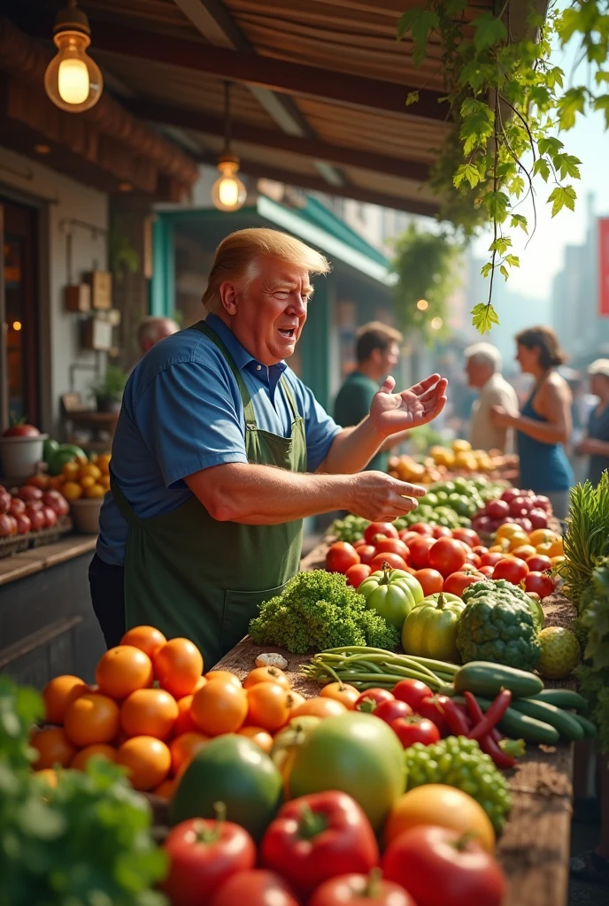 Donald trumph selling vegetables in a local market
