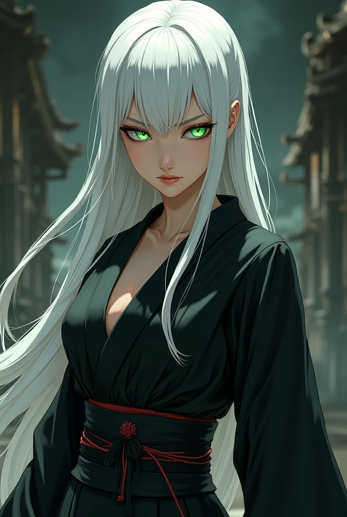 Manga woman white hair no bangs green eyes dressed in black badass wearing a kimono 