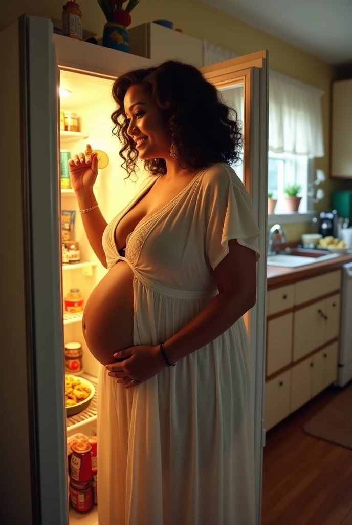 Pov when Cardi B's mother is curvy plus size and wears a plus size bra who is pregnant with a big belly and eats a lot of food and takes some snacks from your home refrigerator, iphone camera style. 8k hd, realface, cinematic, fish eye camera view,