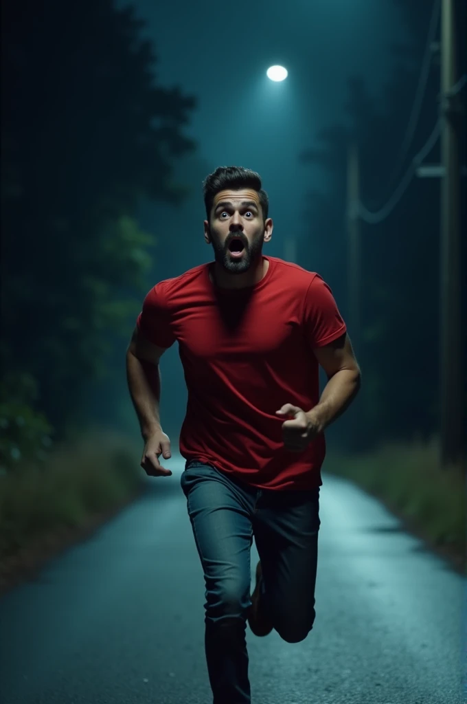 A young man with small french beard in red T-shirt running scared along the road at night