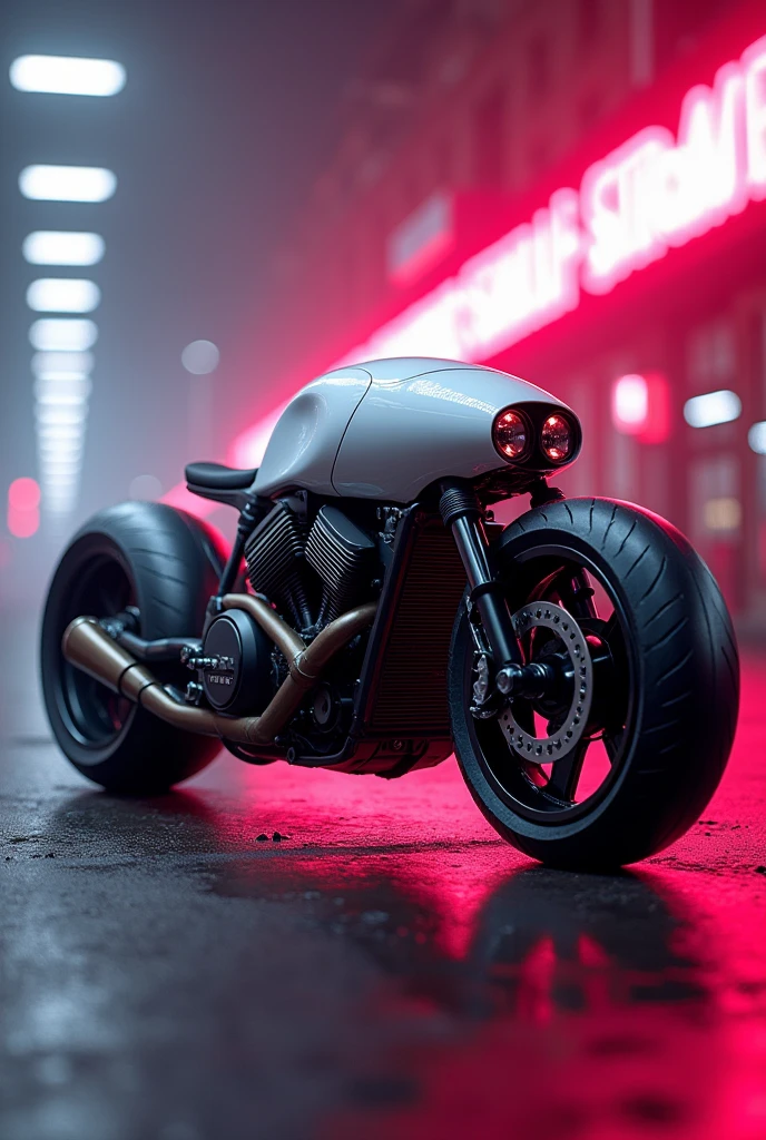 A bike with 4 exhaust and white in colour with big rear wheels
Pink and red rgb lights