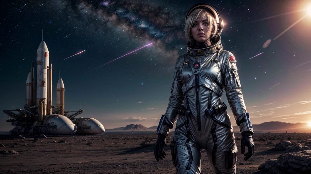 masterpiece, a beautiful blonde german girl lonely astronaut, desolate planetary landscape, space and stars, electric ambiance, utility belt, metallic gray zinc, science fiction, ultra high resolution. Photorealistic, 16k, UHD, HDR, Best quality, skin-tight astronaut suit, intricate, most fantastic details, ROUGH, Dramatic lighting, full body, spaceships in the sky, realistic reflections, sunrise, focus scale, , determined, dynamic posture, a military space complex in the background