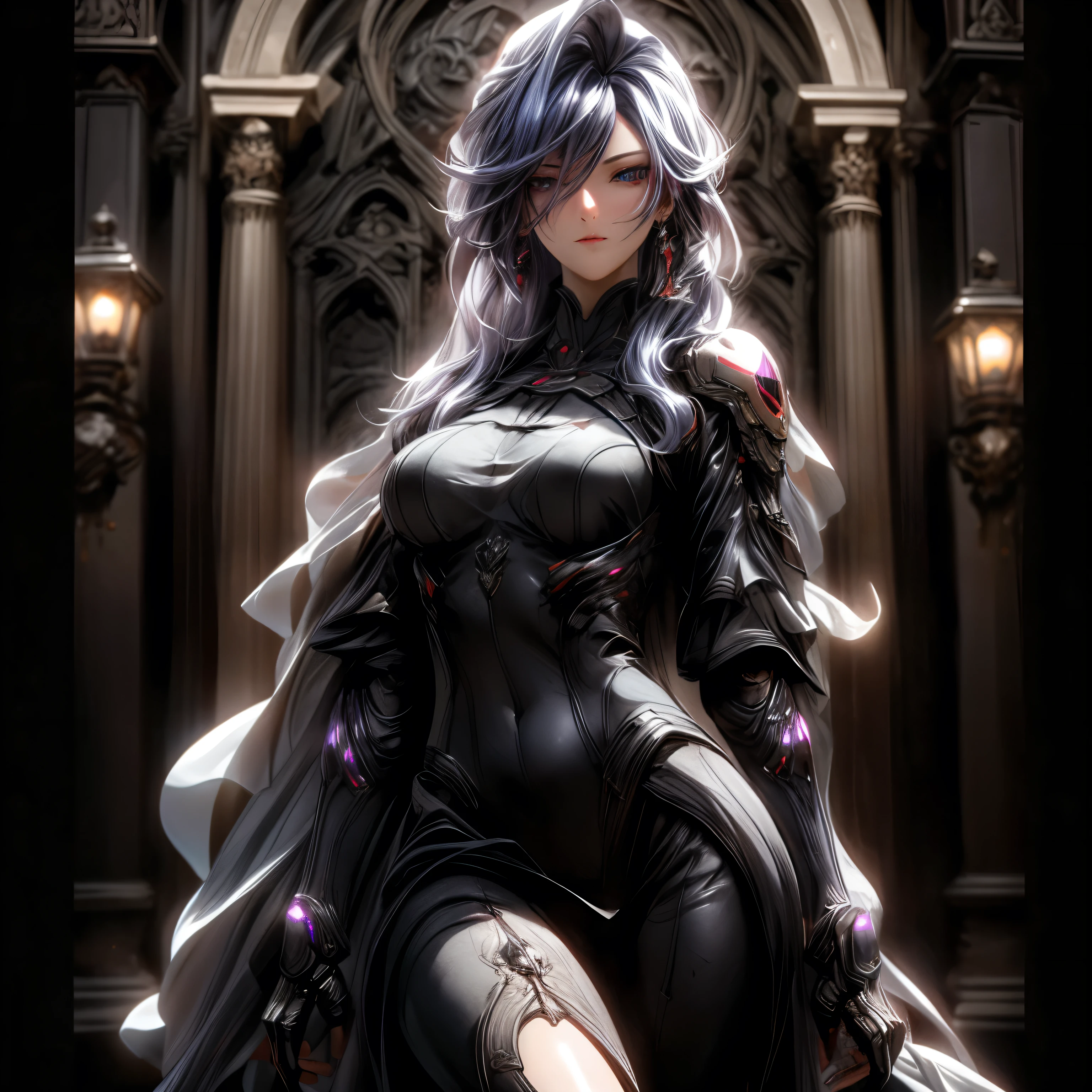 (best quality)), ((Masterpiece)), (details:1.4), 3d, HDR (high dynamic range), an image of a beautiful cyberpunk female, Cyberpunk, Fantasy, Violet Ash hair, Long hair, Beautiful White eyes, จมูกโด่ง, ปากแดง, หน้าอกใหญ่, nvidia RTX, PBR surface, After processing, Anisotropic filtration,depth of field, Maximum clarity and clarity, multi-layered surface, Subsurface scattering, perfect proportions, 8K raw files, ultra detailed, Perfect proportions, volumetric lighting, soft lighting, Holy Paladin, Heavy Black Armor, Red dress, glossy skin, intricate Silver embroidery, Gate background, jewely, ต่างหู, นิ้วมือสมบูรณ์, Helmet