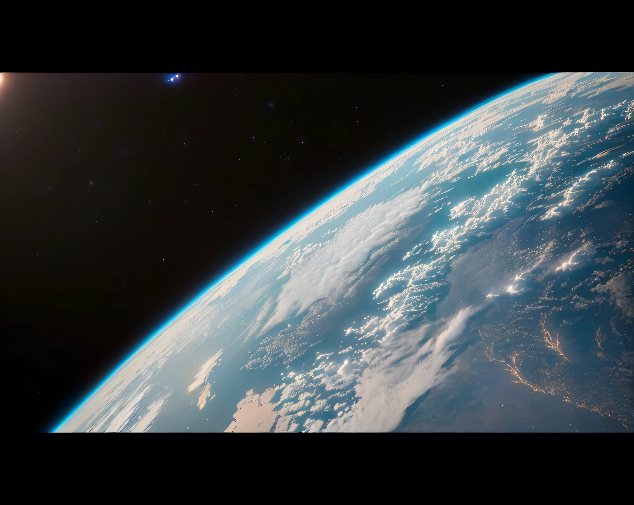 A view of the space station in the distance, Detailed Cinematic Shots, IMAX 35mm film, IMAX 70mm film, IMAX 70mm film, IMAX 70mm film, movie still 8 k, High resolution movie stills, Movie IMAX shooting, Long distance establishing shot, 8K movie stills, Movie science fiction lens,Earth