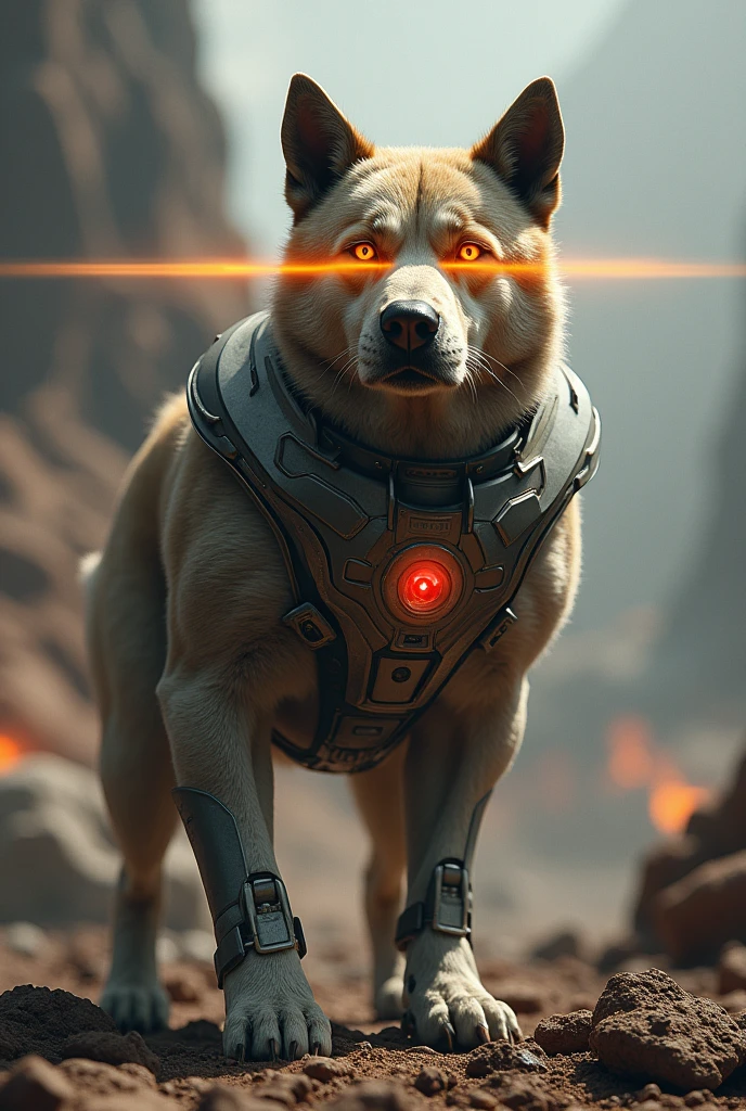 dog with super strength , with kryptonite coated armor , he was hit by an asteroid and has laser beams through his eyes