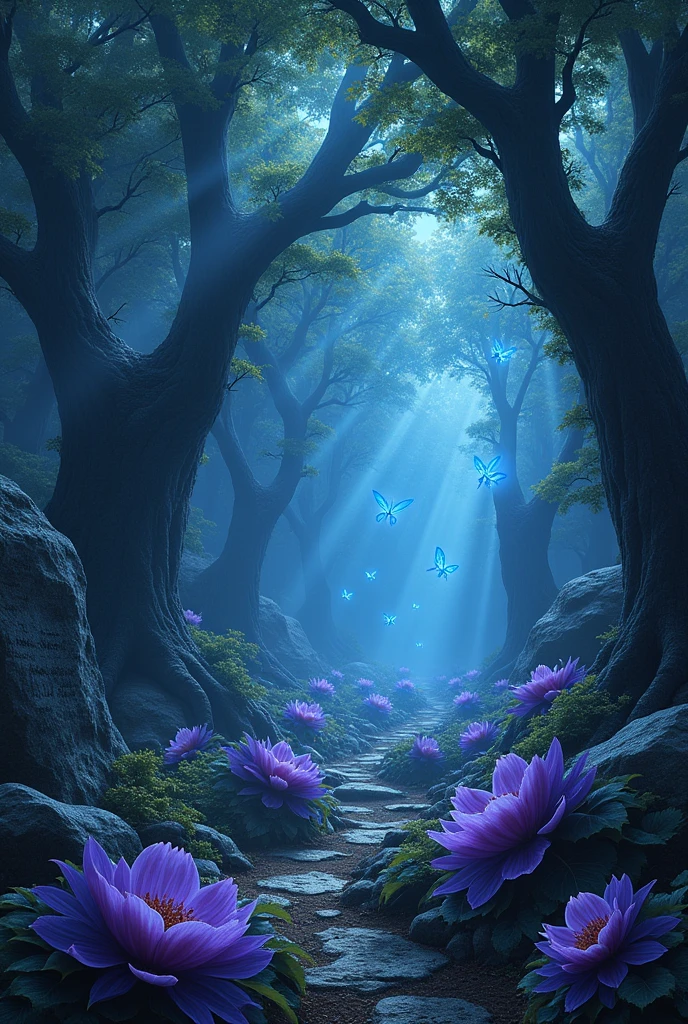 (photorealism:1.2), Mystical, dark, and magical forest. With blue fireflies floating around the place. With ancient rocks with writings from ancient languages. With giant trees and bright purple flowers.