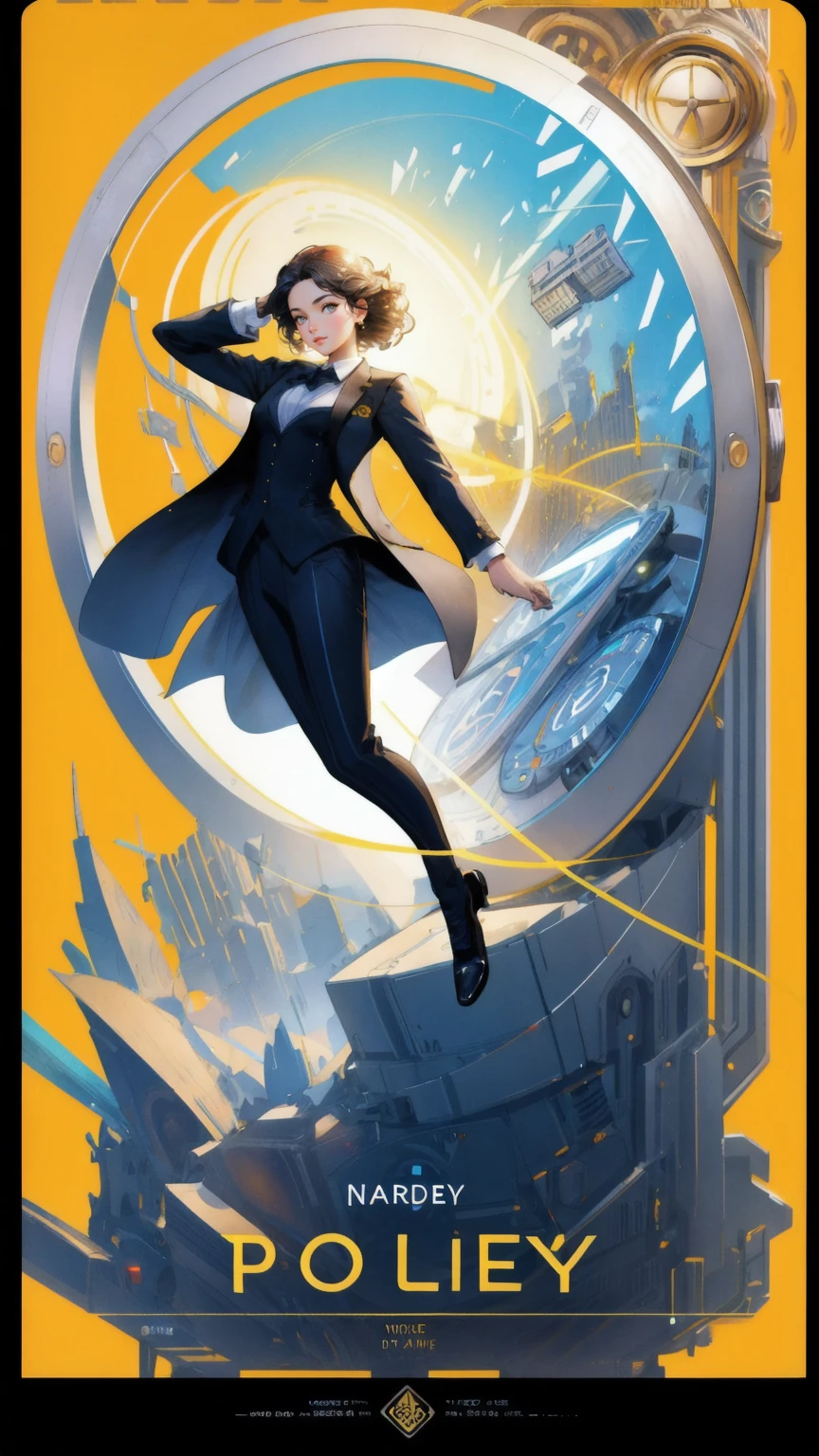 arafed image of a beautiful girl in a suit jumping out of a machine, yellow background concept art by Robert Medley, trending on polycount, art nouveau, time travel machine, time machine, time travel theme, promo art, time warping, loading screen, front cover of a new video game, cover game art, game key art, mobile game art, pc boxart