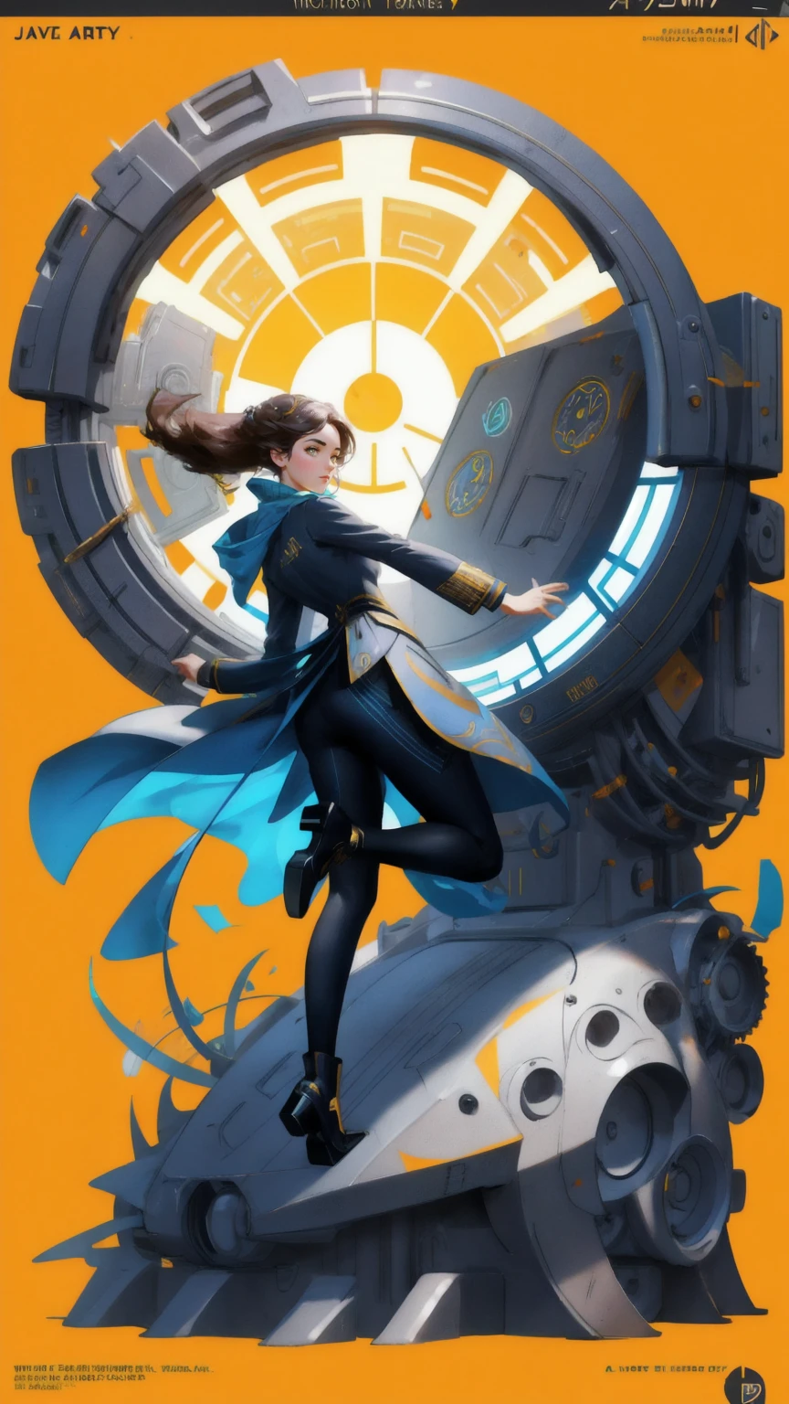 arafed image of a beautiful girl in a suit jumping out of a machine, yellow background concept art by Robert Medley, trending on polycount, art nouveau, time travel machine, time machine, time travel theme, promo art, time warping, loading screen, front cover of a new video game, cover game art, game key art, mobile game art, pc boxart