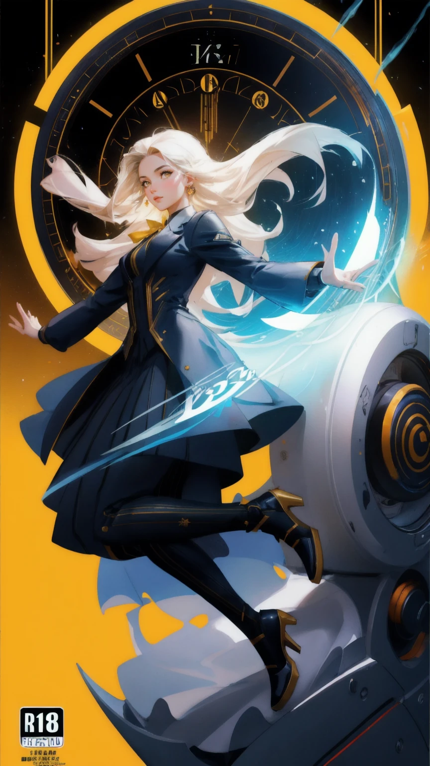 arafed image of a beautiful girl in a suit jumping out of a machine, yellow background concept art by Robert Medley, trending on polycount, art nouveau, time travel machine, time machine, time travel theme, promo art, time warping, loading screen, front cover of a new video game, cover game art, game key art, mobile game art, pc boxart