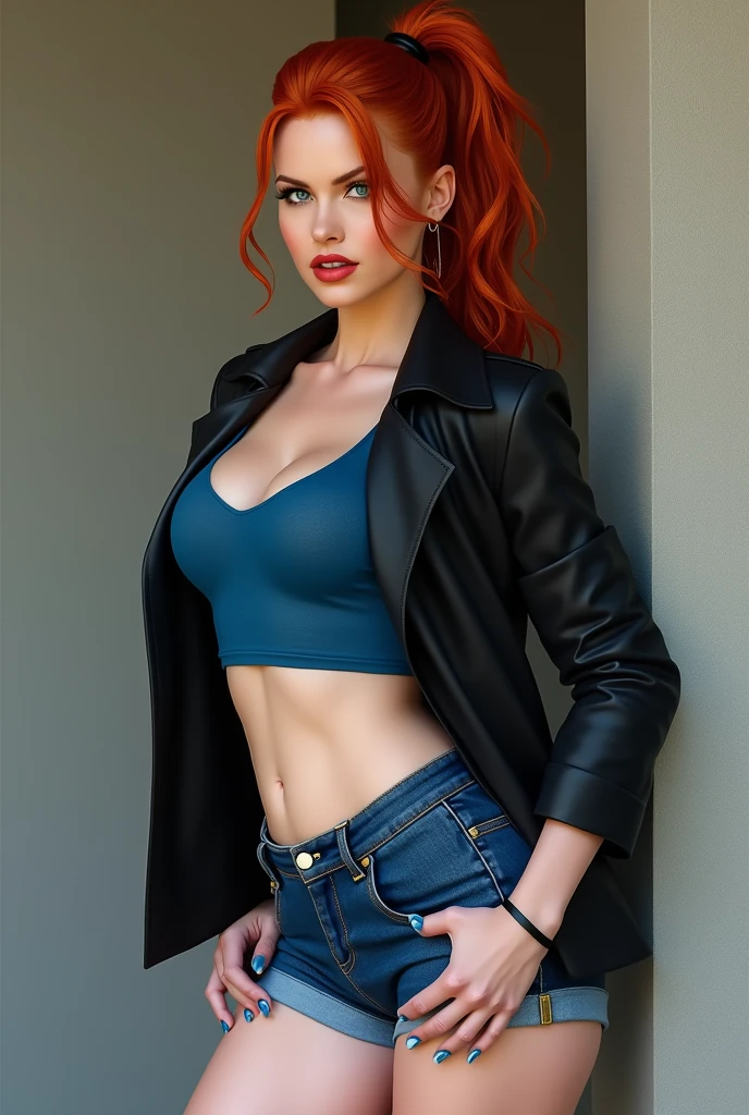 Redhead Woman with Big hips, blue shorts, black jacket and blue shirt with ponytail