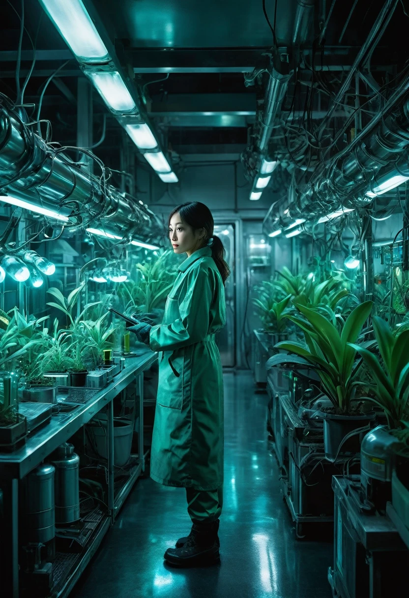 Futuristic secret laboratory, rows of glowing cylindrical containers housing rare orchids, bioluminescent plants casting eerie blue-green light, Genius Botanist beauty Misaki Sato and rugged security guard (mid-30s, stubble, determined expression) crouching behind sleek metallic equipment, she's holding tablet with incriminating data, he's gripping standard-issue flashlight as weapon, alarms flashing red, steam hissing from pipes, reflective floors, scientists in hazmat suits visible in background operating complex machinery, holographic displays showing plant molecular structures, vials of glowing liquid in foreground, exit sign illuminated in distance, cinematic action scene composition, saturated colors, lens flare, hyper-detailed, intricate detail, faded, highly detailed eyes, 16K resolution, RAW, Nikon Z9, creative, masterpiece, fantasy, super detailed, high res, RAW, Nikon Z9, creative, masterpiece, fantasy, super detailed, high res, high res, RAW, Nikon Z9 Realistic, Ultra-Detailed, High Definition, High Quality, 8k, Realistic, Ultra-Detailed Dramatic Lighting, Soft Focus, Digital Illustration, Complex Mechanics, Advanced Techniques, Dark Background, Cinematic, High Contrast, Atmosphere, (Best Quality, 4k, 8k, High Definition, Masterpiece: 1. 2), Ultra-Detailed, (Realistic, Graphic, Photorealistic: 1. 4) -- No glass --AR 16:9 --Stylized 1000