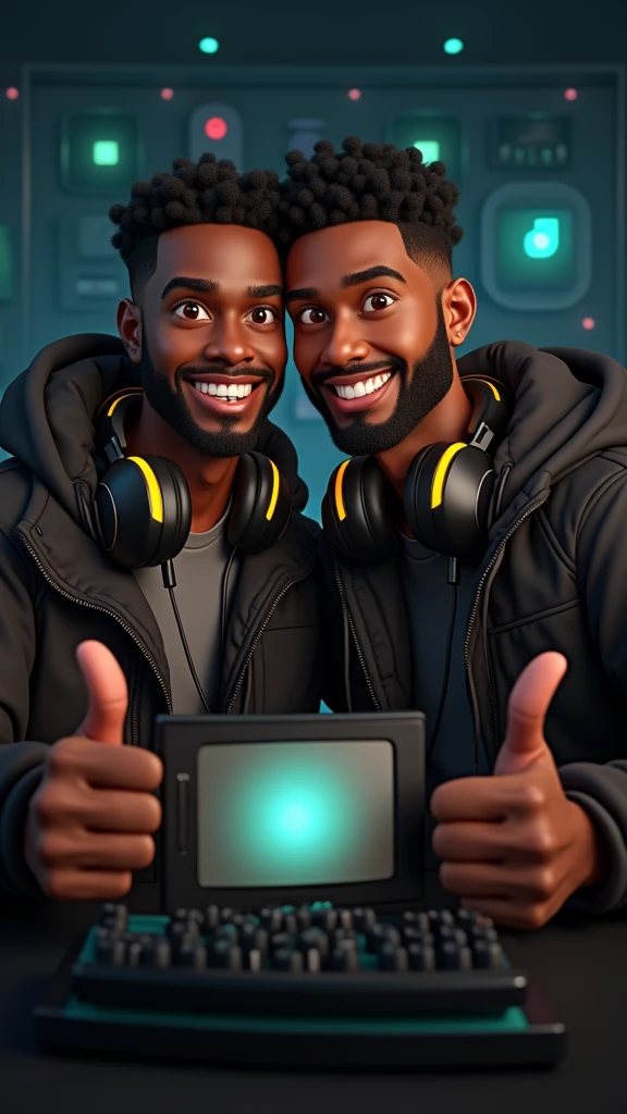 Smiling 2 black man in black jacket with gaming headphones around his neck, showing thumbs up, cropped beard on cheeks and normal size beard on chin, light brown eyes and medium length black hair. with game setup background.drawing in 3D Art style, c4d, disney style, pixar style render illustration Super Detail, 8K