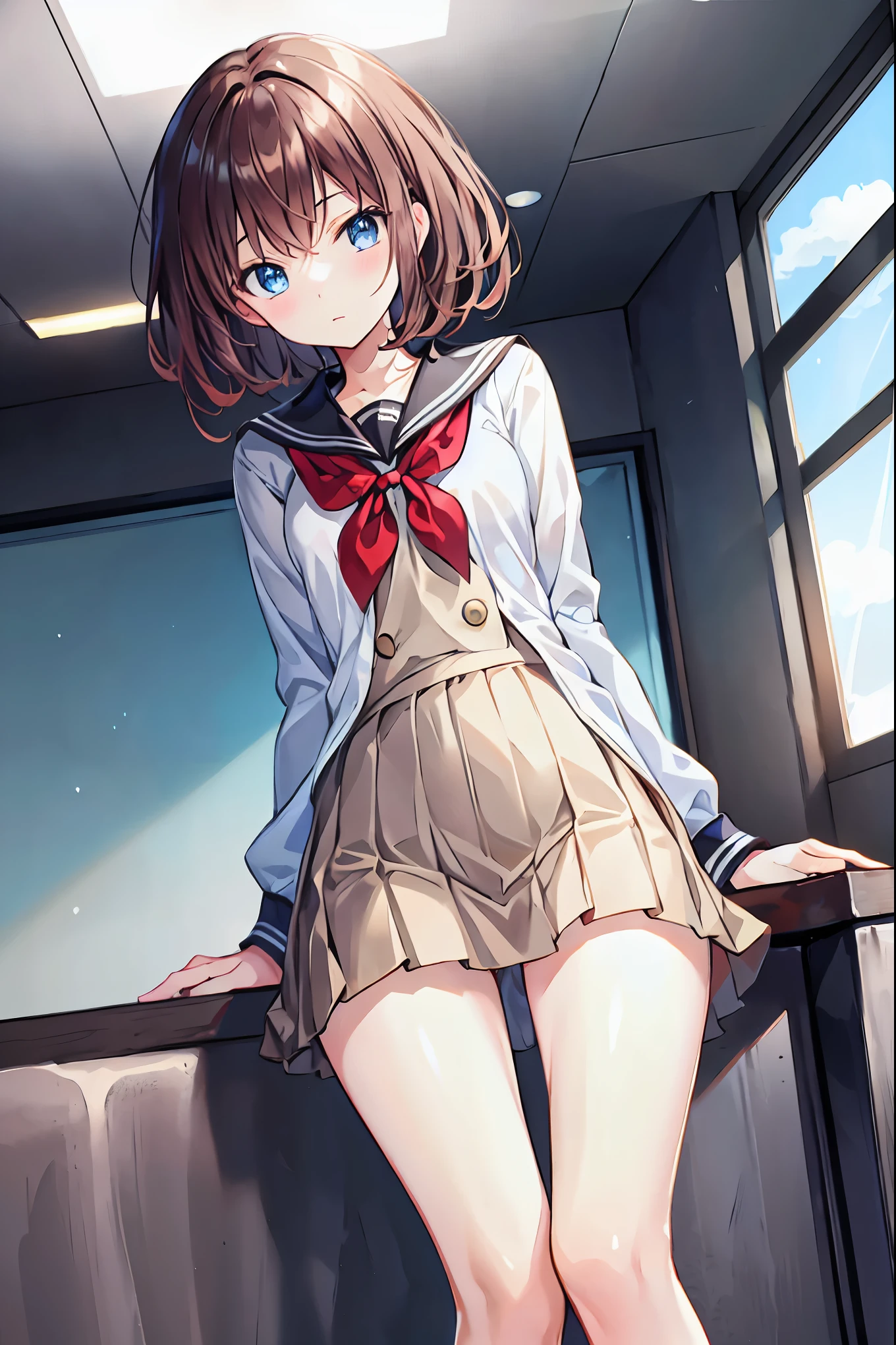 Brown Hair，Shortcuts，Messy Hair，Slender beauty，A dignified posture，Small chest，Beautiful feet，Her captivating grey-blue eyes shine like stars，，Highest quality, High resolution,thin、Small face、Brown eyes、expensive、Brown Hair、Shortcuts,School、classroom、uniform、2、mature