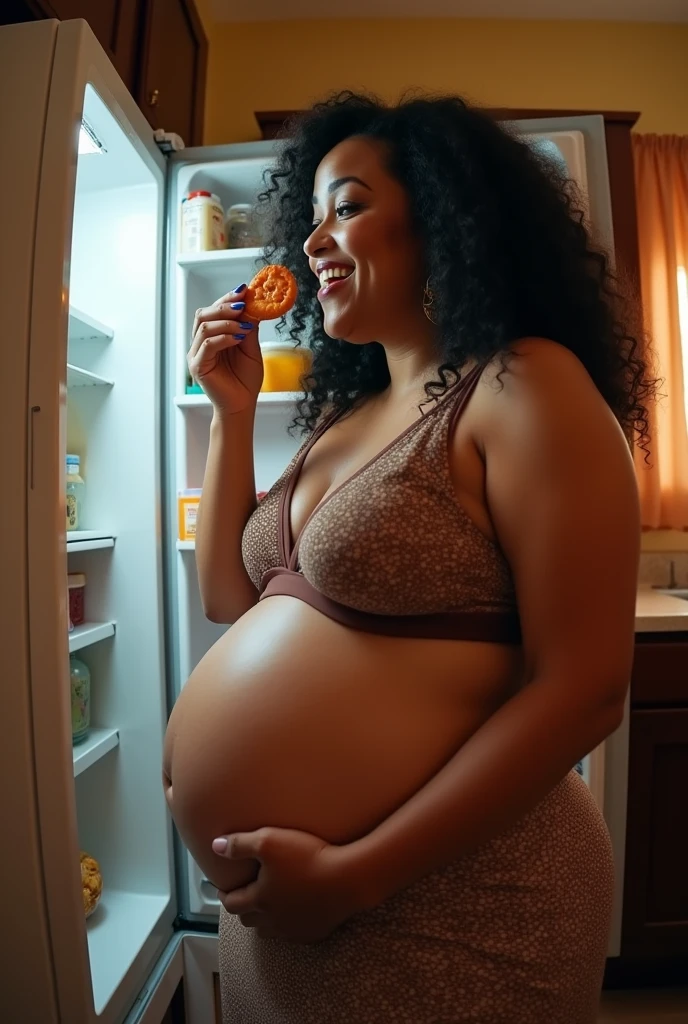 Pov when Cardi B&#39;s mother is curvy plus size and wears a plus size bra who is pregnant with a big belly and eats a lot of food and takes some snacks from your home refrigerator, iphone camera style. 8k hd, realface, cinematic, fish eye camera view,