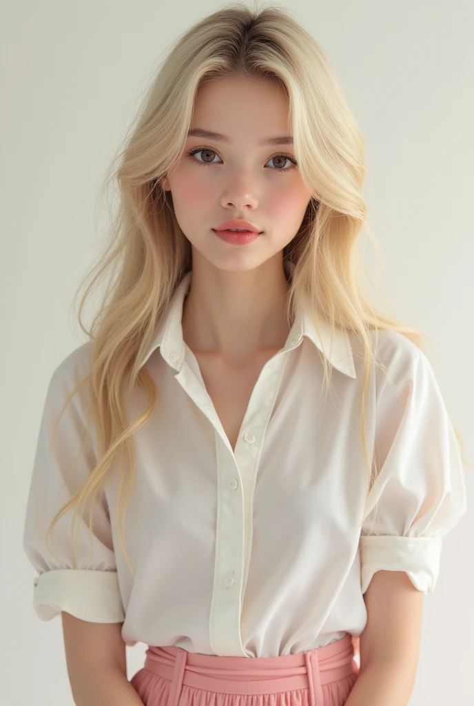a girl with a beautiful oval face, light blonde waist-length hair, thin but dark eyebrows, big round black sparkling eyes, high nose bridge, pale pink lips. She wore a white shirt and pink skirt