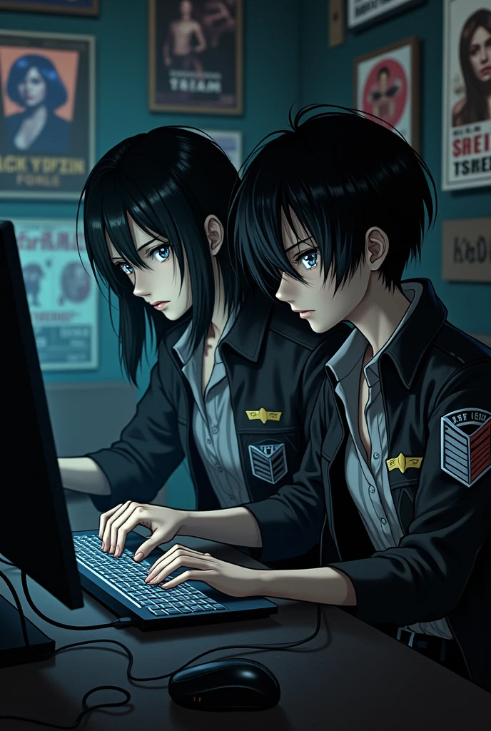 Eren Yeager from attack on Titan as a black hat hacker with Mikasa as his wife where is Mikasa there looks like another character 😭 still they looks like another character you can create it in 2nd dimension hey add survey cops badge on their clothes why is there third person and their badge does not look real but there looks are perfect they are hacker aren't they ? You can add attack on Titan posters in there hacking room . You can take Survey Corps badge picture from internet and Mikasa face doesn't look like real Mikasa 